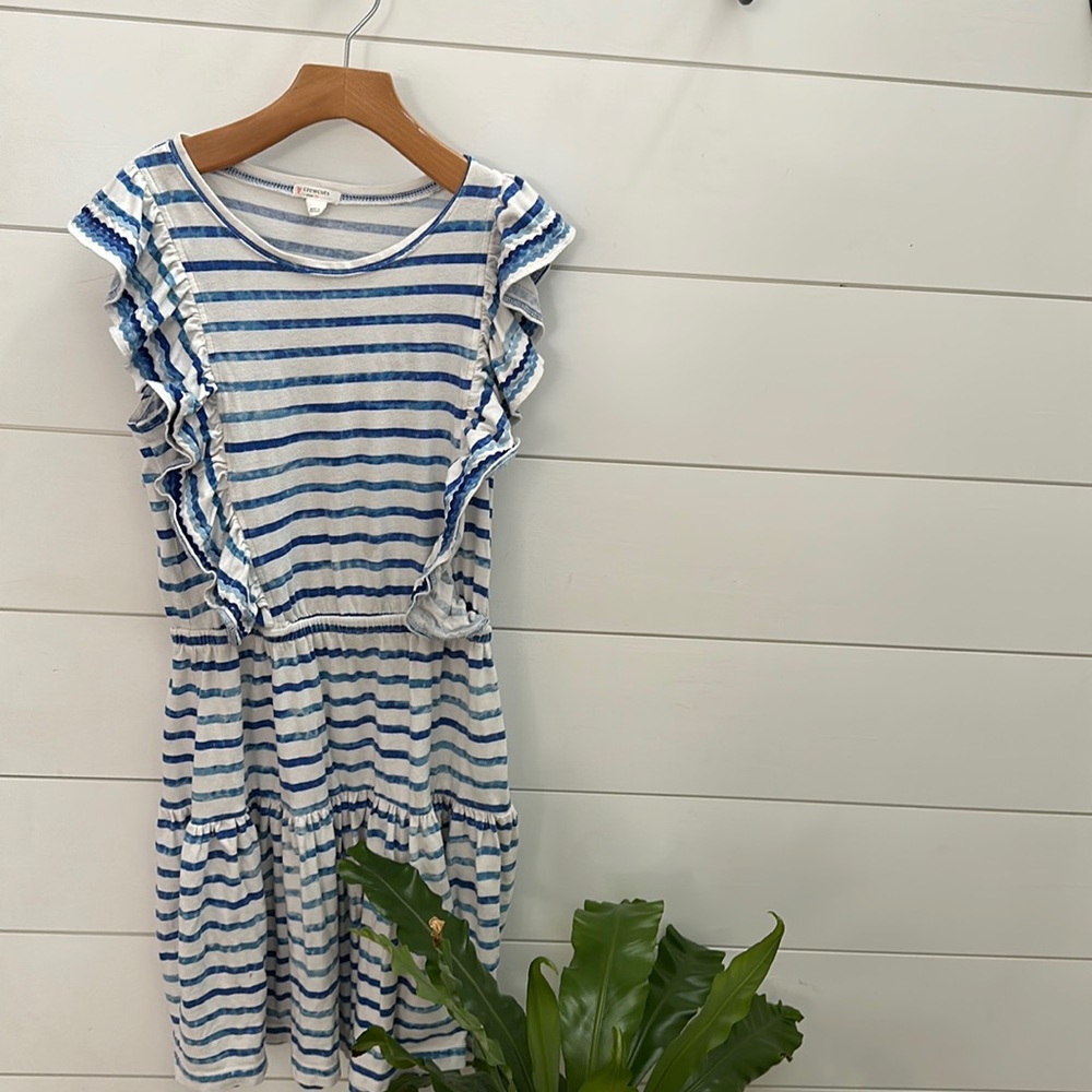 Crew cut girls dress blue and white striped with ruffle sleeve size XL